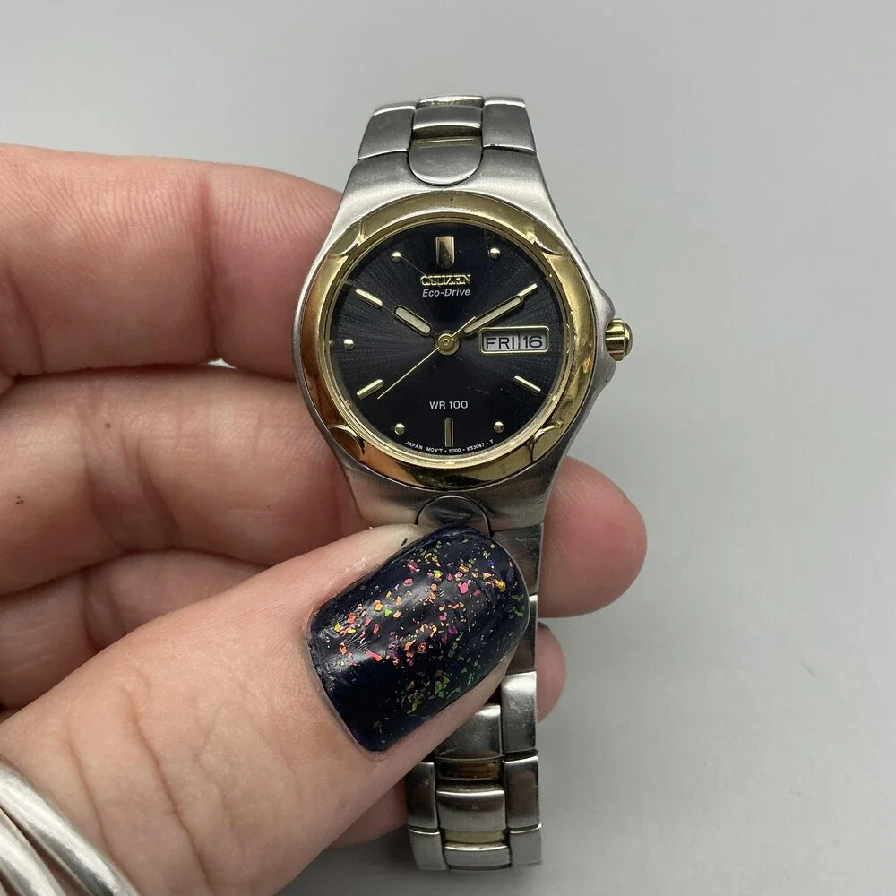Citizen Eco-Drive WR 100 Womens Watch 25mm Black Dial Silver Gold Two Tone 6.75